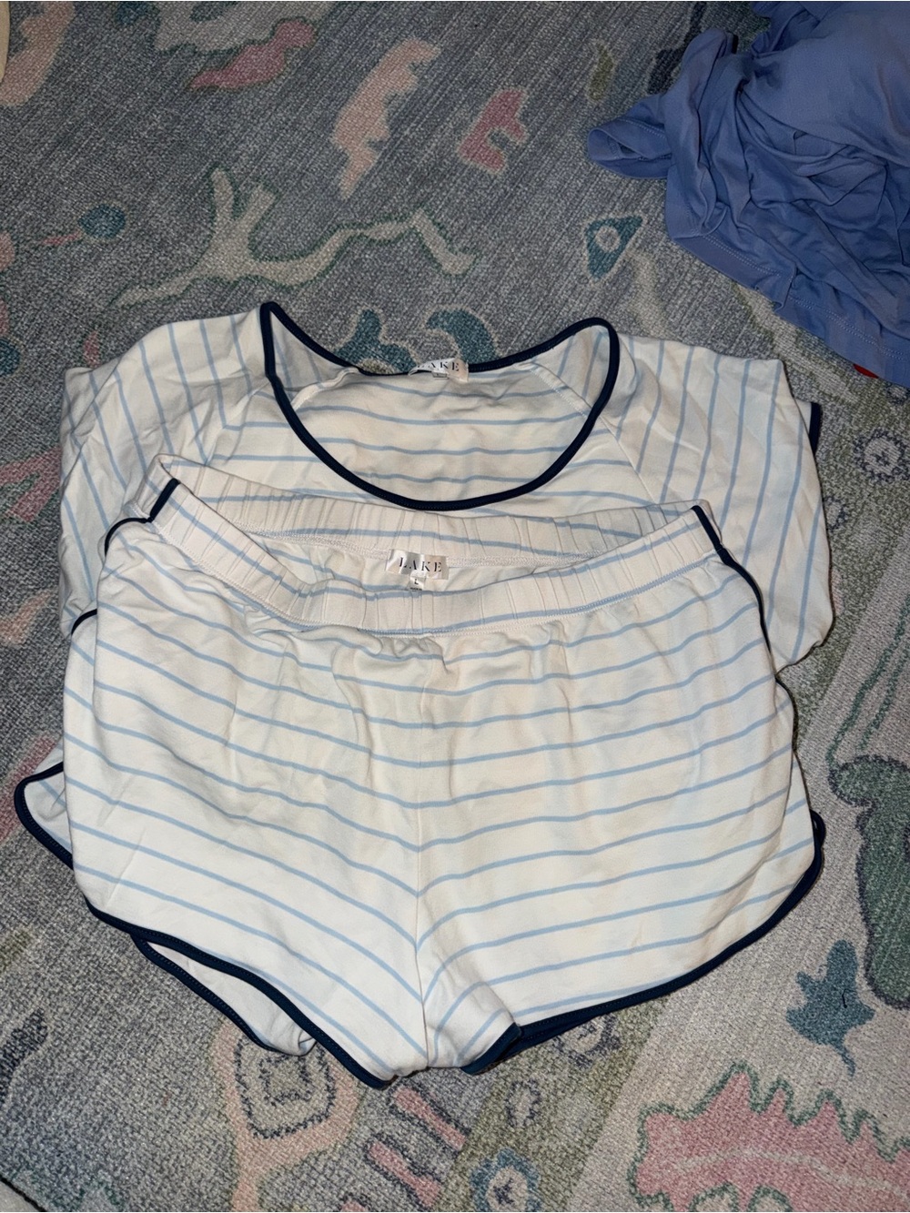 Women's Lightweight Striped Pajama Set in Light Blue with Navy Trim - Picture 2 of 3